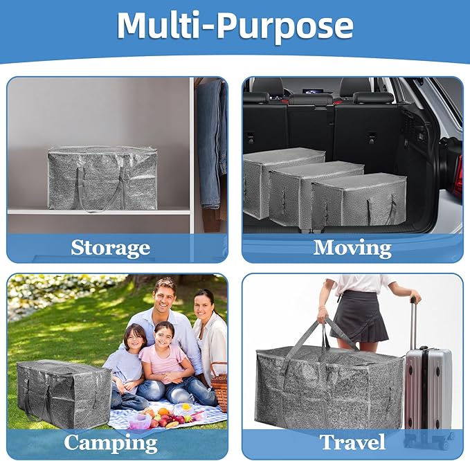 6 Pack-Extra Large Heavy Duty Moving Bags - Waterproof Storage Totes with Handles & Zippers, Foldable for College Dorm, Storage (Gray)