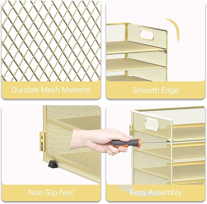 7 Tier Paper Organizer - Mesh Desktop File Holder with Handles for Office School Desk (Gold)