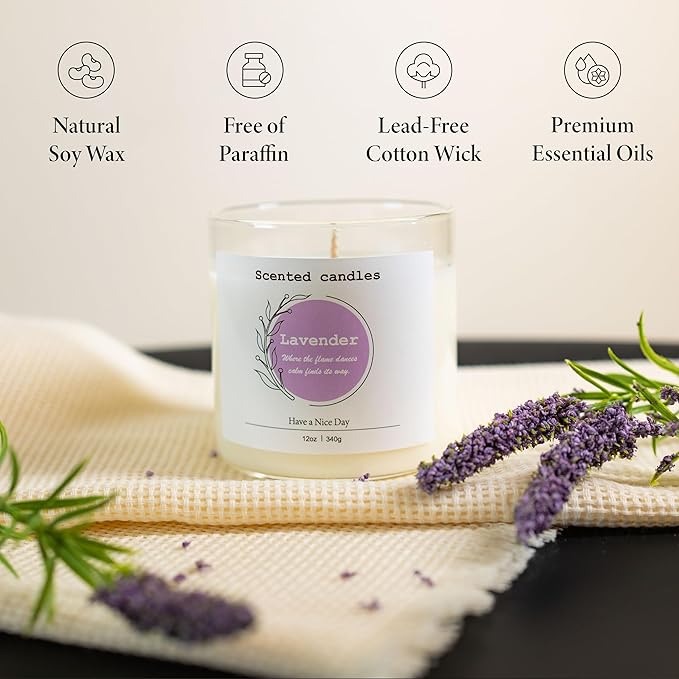 Lavender Scented Candle – 100% Natural Soy Wax, Cotton Wick, Odor Eliminating, Calming Herbal Aroma, 12oz, 60 Hour Burn, White – Ideal for Home Decor, Spa, Bath, Parties & Gifts