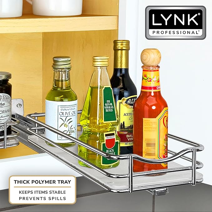 LYNK PROFESSIONAL® Pull Out Spice Rack Organizer for Inside Kitchen Cabinets - 4-3/8 inch Wide - Slide Out Drawer – Chrome Sliding Spice Organization for cabinet - Spice Racks - 1 Tier