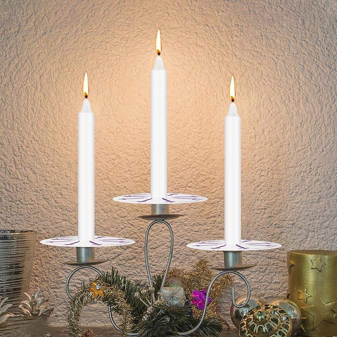100 Pack 5 Inch White Taper Candles with Drip Protectors, Unscented Bulk Christmas Advent Church Candles for Spell Ritual, Prayer Altar Decor, Wicca Shabbat, Meditation Vigil Candle Holders