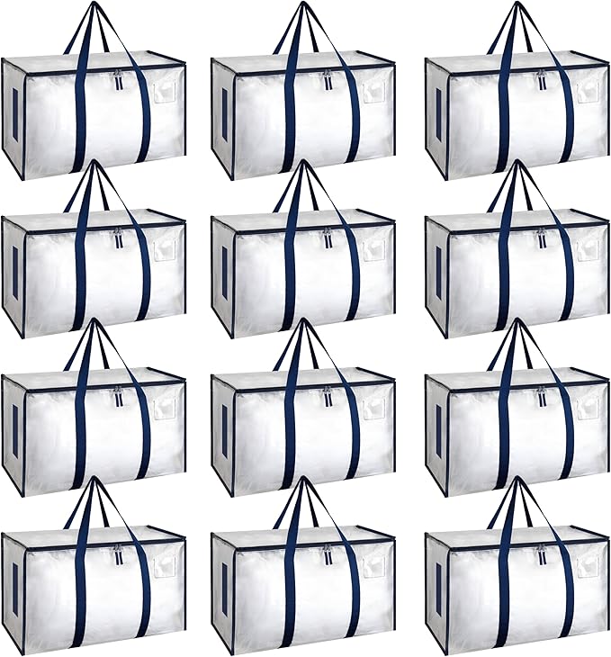 HealSmart 12 Pack Large Moving Bags with Zippers & Handles, Moving Supplies with lids, Heavy Duty Totes for Space Saving, Fold Flat, Moving and Storing, Clear