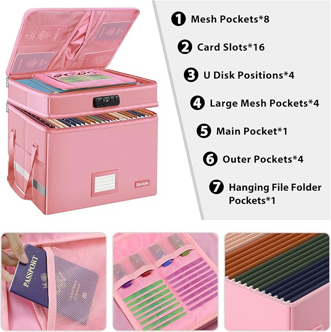 DocSafe File Box with Lock,Multi-Layer Fireproof Document Box Collapsible File Storage Organizer with Pockets/Handle,Large Portable Home Office Filing Safe for Hanging Letter/Legal Size Folders,Pink