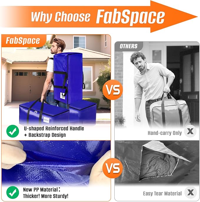 FabSpace 4-Pack Moving Bags with Backpack Straps & Carry Handles, 30 Gallons-125 L Heavy Duty Storage Totes for Space Saving, Foldable Storage Bags for College Dorm, Travel, Camping (Blue)