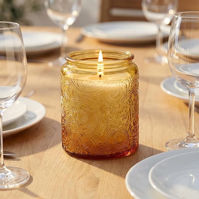 Art Secret 9-Pack 8oz Embossed Glass Candle Jars with Lids and Labels - Sun Moon Stars Design (Orange)
