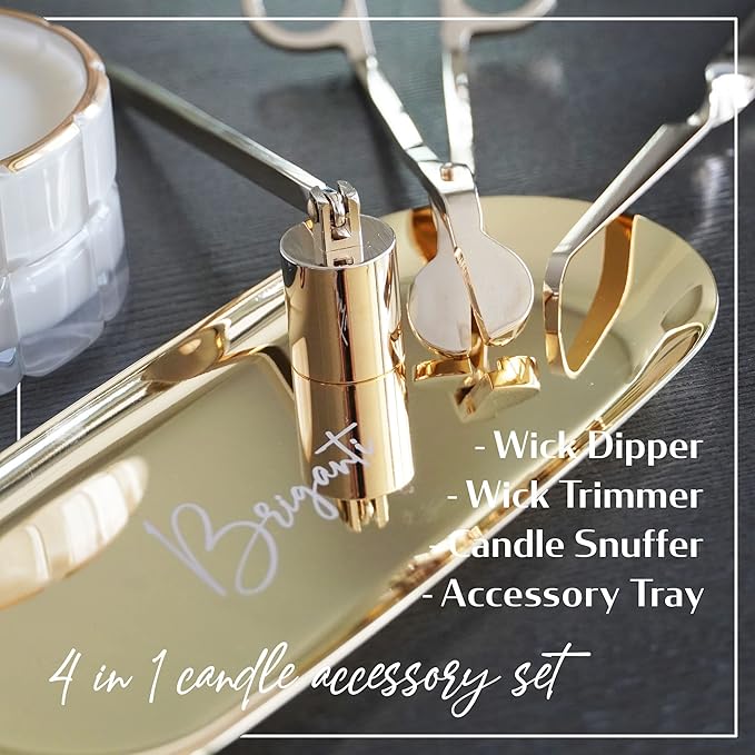 BRIGANTI Candle Care Essentials Accessory Set, 4pc Candle Accessories Kit - Gold | Candle Snuffer with Swivel Head, Wick Trimmer Scissors with Refined Edge, Wick Dipper & Pick, Stylish Accessory Tray