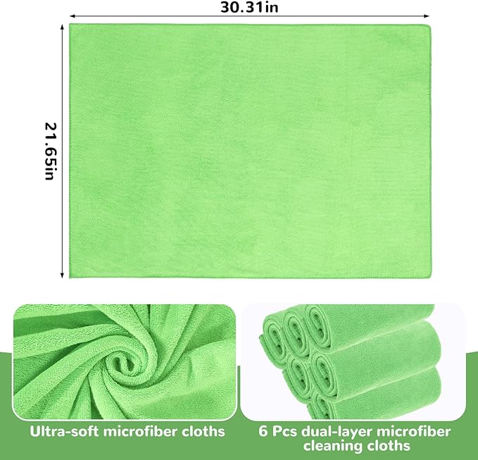 6 Pcs Extra Large Microfiber Cleaning Cloth Reusable Microfiber Towels Thick Washable Cleaning Towel for Home Office Windows Floors and Cars, 30 x 20 Inch (Green)