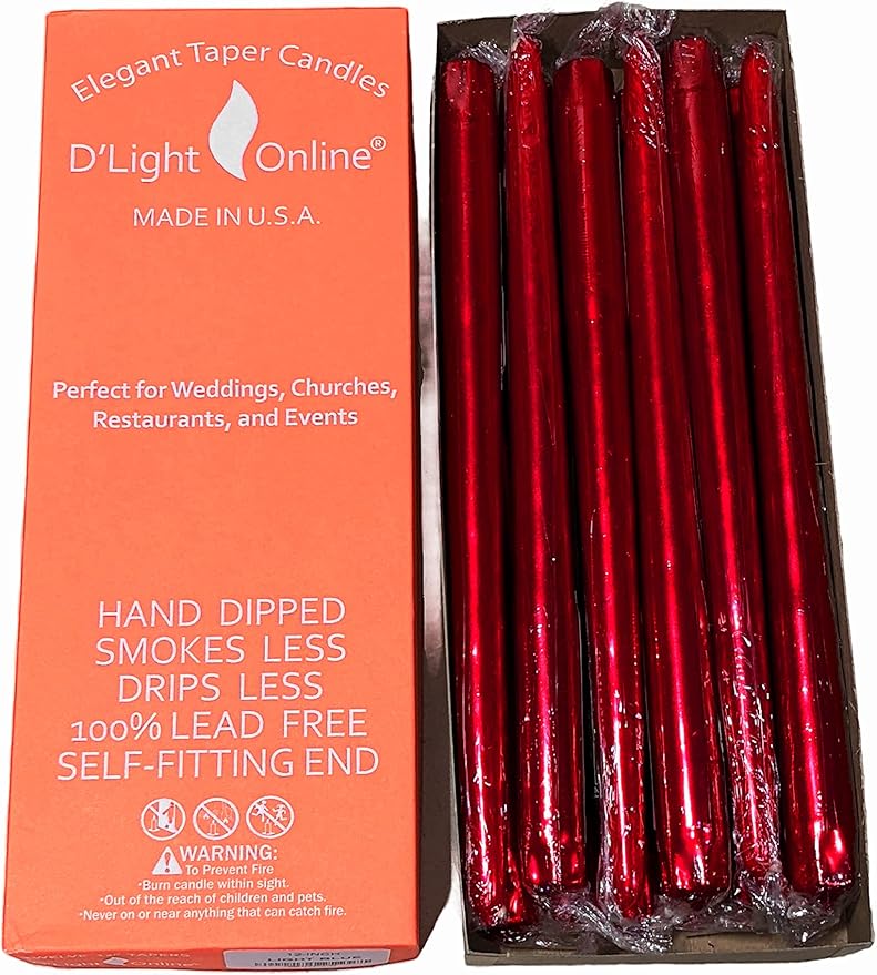 D'light Online Elegant 12" Unscented Metallic Red Taper Candles, Premium Quality Hand-Dipped Tapered Candles, Dripless and Smokeless - Set of 12 (12 Inch, Metallic Red)