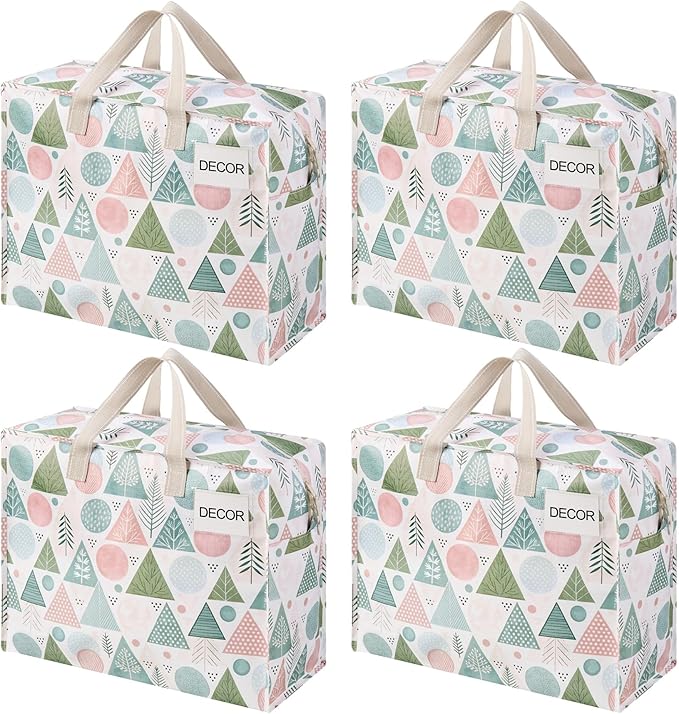 VENO 4 Pack Heavy Duty Moving Bags, Storage Bags, Packing Supplies, Top Zipper, Storage Totes for Camping, Clothes, Bedding, Comforters, Pillows, Christmas Pattern (13 Gallon, Pastel Forest, 4 Pack)