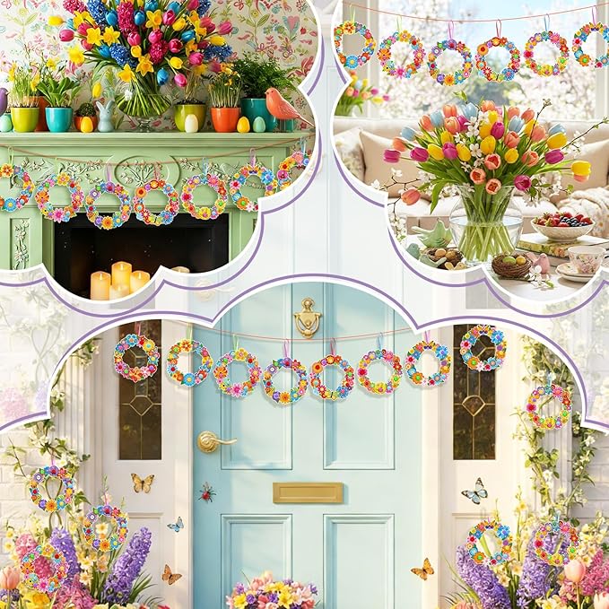 Hollowfly 48 Sets Spring Wreath Craft Kits DIY Flower Hanging Ornaments Make Your Own Paper Craft with Stickers for Home Spring Party Mother's Day Activities
