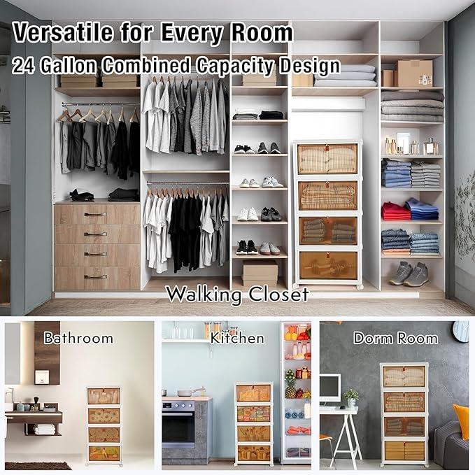 FELICON 6 Gallon 4 Tier Storage Bins with Lids,Magnetic Door,Wheels,Collapsible Organizer Foldable Container,Wardrobe Closet for Bedroom Living Room Neat,Dorm,Organized Homes(White)