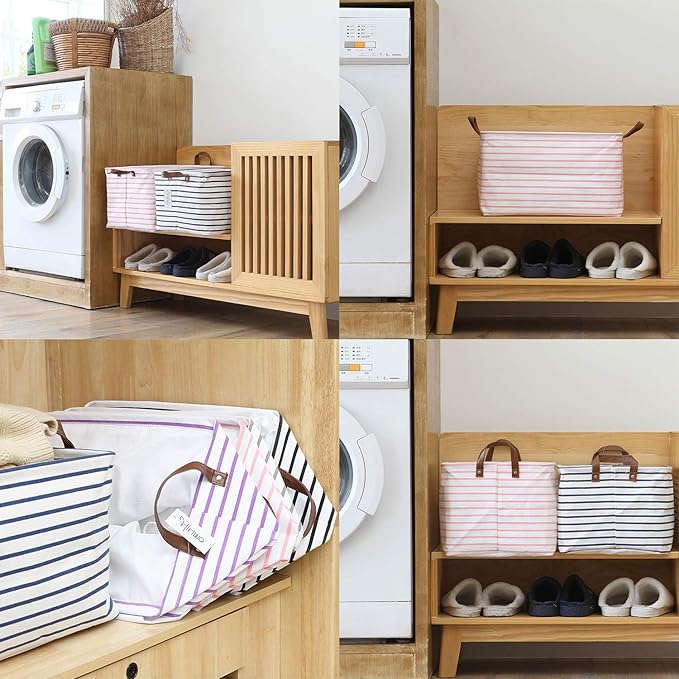 Hinwo 31L Large Storage Bins, 2-Pack Closet Organizers and Storage, Foldable Clothes Storage Baskets with Handles, Containers for Clothing, Blanket, Towels, Toys, Bedding (Pink Stripe)