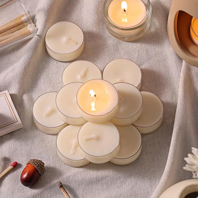 DEVI 200 Pack Soy Wax Tea Lights Candles 4 Hours Paraffin-Free, Pure Soy White Small Votive Tea Candles for Emergency,Unscented Tealight Candles for Home, Christmas Table Decor