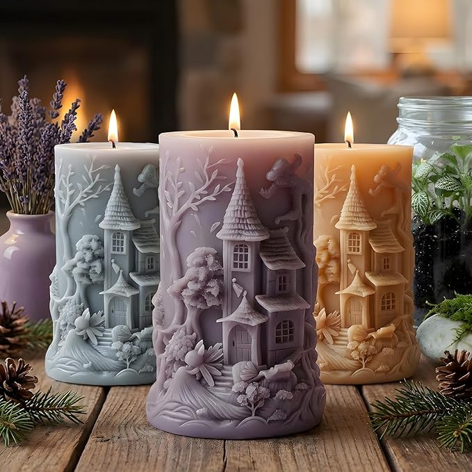 XIAOSHUI Tower Magic House Cylinder Candle Molds Forest House Candle Silicone Mold for Candles Making Resin Casting Aromatherapy Candles Gypsum Craft Home Decorate