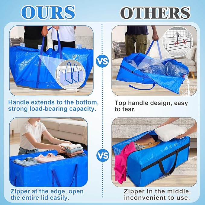 Bigmeta 66 Gallon Extra Large Moving Bags - Heavy Duty Storage Bags with Zipper & Strong Handles, Blue Packing Bag for Moving, Storage, Travel and Camping, College Dorm & Home Supplies, 4 Pcs