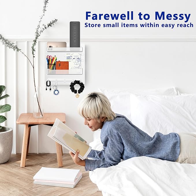 Bedside Shelf Wall Mount,Floating Bedside Adhesive Shelves Accessories,Wall Shelf Organizer and Storage for Bedroom,Camper,Dorm,Apartment-Phone,Earphone,Kindle,Remote Holder,Cable Clip,5 Hooks-Clear