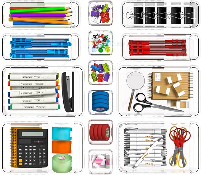 14 PCS Adjustable Clear Drawer Organizer Set - 3-Size Acrylic Storage Boxes for Makeup, Stationery, Kitchen Utensils, Tools & Bedroom Dresser Organization