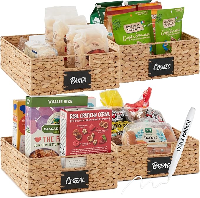 Best Choice Products Set of 4 16x12in Large Water Hyacinth Pantry Baskets, Woven Organizers w/Chalkboard Label, Chalk Marker - Natural