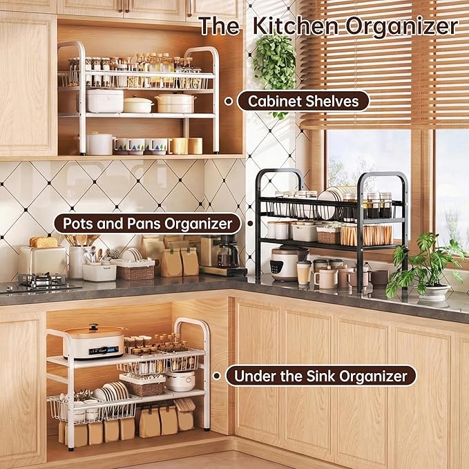 Under Sink Organizer and Storage,2 Tier Expandable Organization and Storage with 4 Panels and 4 Baskets,Cabinet Organizer,Under Sink Shelf,for Kitchen,Bathroom,Laundry Pantry Cabinet,Black