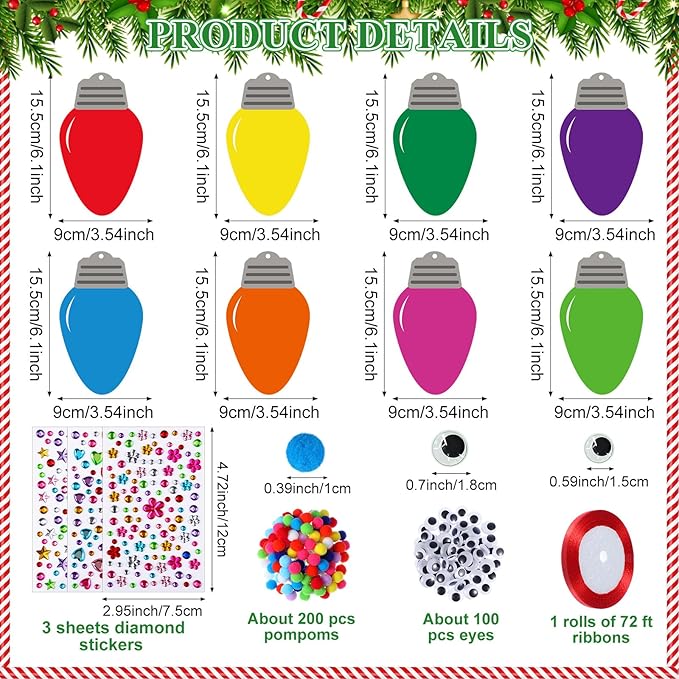 Funrous 48 Sets Christmas Crafts Kit Colorful Lights Bulbs Expression Paper Crafts DIY Xmas Tree Hanging Ornaments Decorations with Pompoms Diamond Stickers Eyes Arts Classroom Activities Party Favor