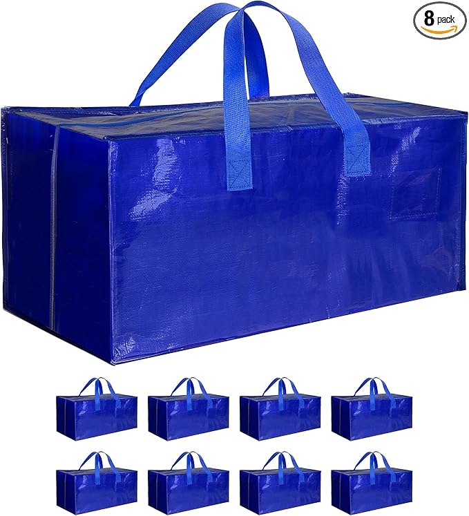 8 Pack Oversized Heavy Duty Moving Bags with Backpack Straps, Strong Handles & Zippers, Extra Large Storage Tote Moving Boxes for Space Saving, Blue