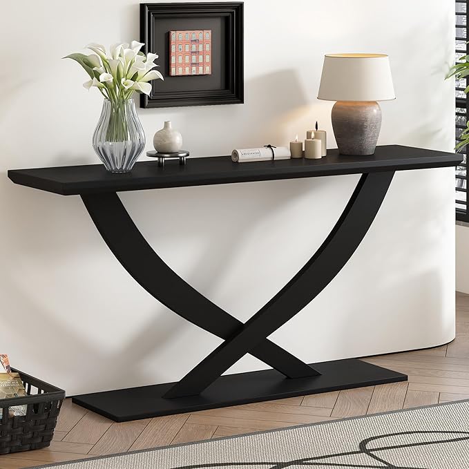 Modern Rustic Wood Console Table 57-Inch Entryway Sofa Table Home Accent Furniture for Living Room Entrance Hallway, Black