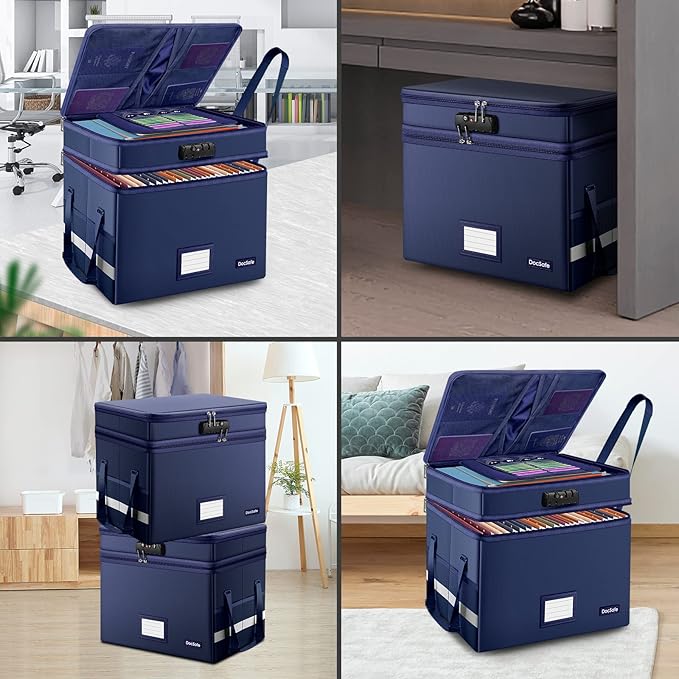 DocSafe File Box with Lock,Multi-Layer Fireproof Document Box Collapsible File Storage Organizer with Pockets/Handle,Large Portable Home Office Filing Safe for Hanging Letter/Legal Size Folders,Blue
