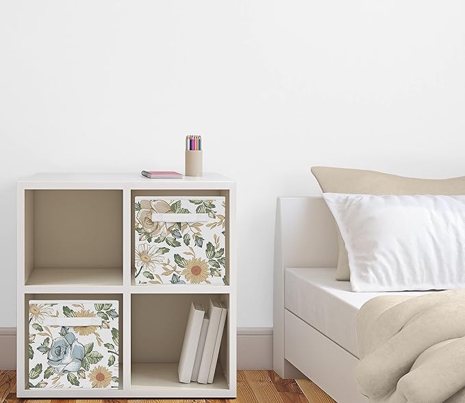 Sweet Jojo Designs Vintage Floral Blue Yellow Foldable Fabric Storage Cube Bins Boxes Organizer Toys - Set of 2 - Slate Green Gold Orange Taupe Beige Shabby Chic Rose Flower Boho Bohemian Farmhouse