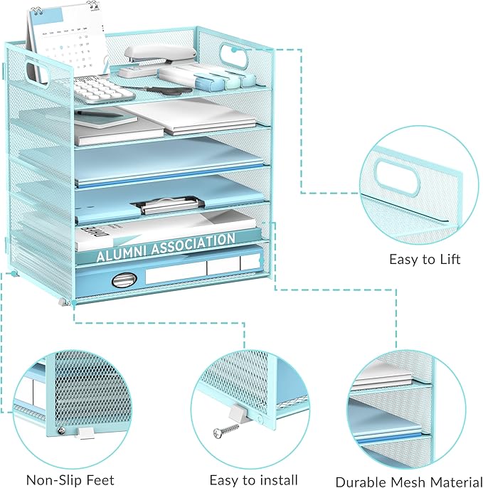 Daltack 6 Tier Paper Organizer for Desk, Paper Letter Tray Organizer for Desks, Mesh Desk File Organizers with Handle for Office, Home, School, Blue, 2 Pack