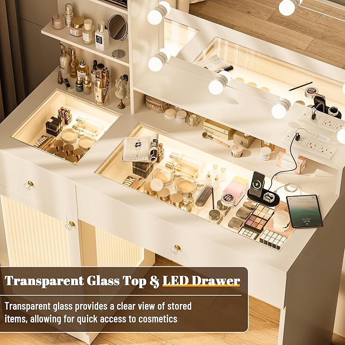 INNOD Vanity Desk with Large Mirror and Lights, Glass Top Makeup Vanity Set with Power Outlet, Drawers and Cabinet, 3 Lighting Color Adjustable Dressing Table for Bedroom,White