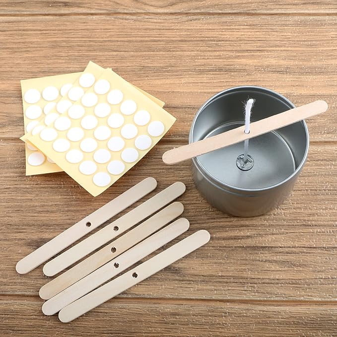 MILIVIXAY 6" Candle Wick Bundle: 100PCS Candle Wicks, 100PCS Candle Wick Stickers and 6PCS Wooden Candle Wick Holders - Wicks Coated with Paraffin Wax, Cotton Wicks Kits for Candle Making.