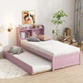 Harper & Bright Designs Twin Size Platform Bed with Bookcase Headboard and Trundle, Wooden Twin Platform Bed Frame with Bookself for Kids Girls Boys, Pink