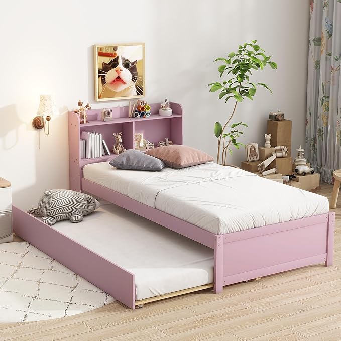 Harper & Bright Designs Twin Size Platform Bed with Bookcase Headboard and Trundle, Wooden Twin Platform Bed Frame with Bookself for Kids Girls Boys, Pink