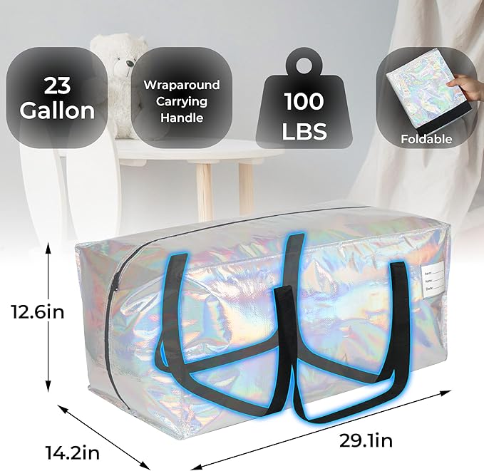 VTSVTS 6 Pack Extra Heavy Duty Large Moving Bags with Comfortable Handle & Strong Zipper,Storage Totes for Space Saving Moving Storage College Supplies Alternative to Moving Box,Iridescent