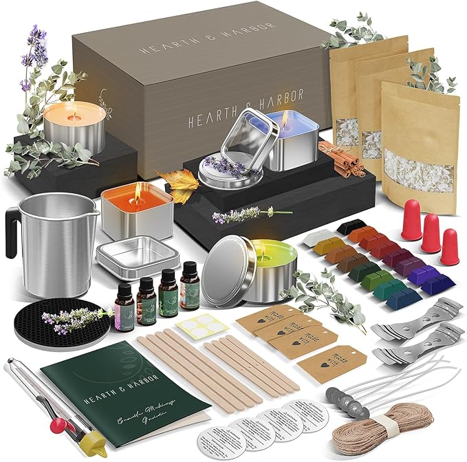 Hearth & Harbor Organic Soy Candle Making Kit for Adults, DIY Crafts, Complete Candle Making Supplies Include Natural Soy Wax, Tins, Scents, Dyes, Wicks & More – Gift Idea, Perfect Home Decor – 2 Lbs