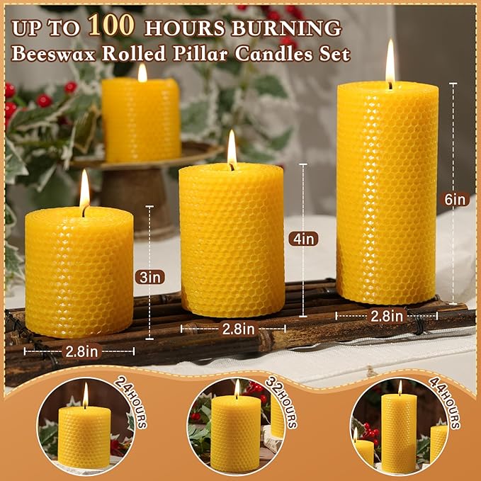 3 Pack Beeswax Pillar Candles Set,100 Hours All Natural Beeswax Rolled Candles 2.8" Width 3" 4" 6" Height 100% Pure Unscented Honeycomb Bees Wax Candle for Home, Wedding, Meditation