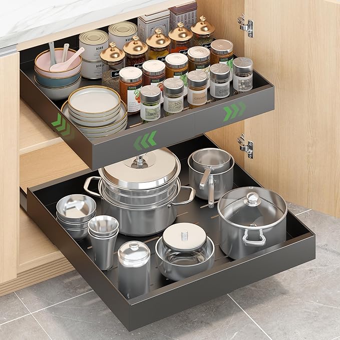 Expandable Pull-Out Cabinet Organizer - Black 21" D x Adjustable Width 12.6-20.47", No Drill Adhesive Installation with 3-Slide Rails for Kitchen Storage (2 Pack)