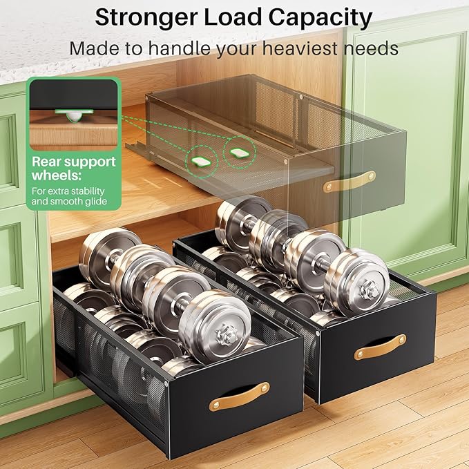 Pull out Cabinet Organizer, Expandable Depth(15.7"-21.7") with Raising Pad for Framed Cabinets, Heavy Duty Slide out Drawers, Adhesive Roll Out Shelves for Kitchen, Pantry Storage(Black, 1-Pack)