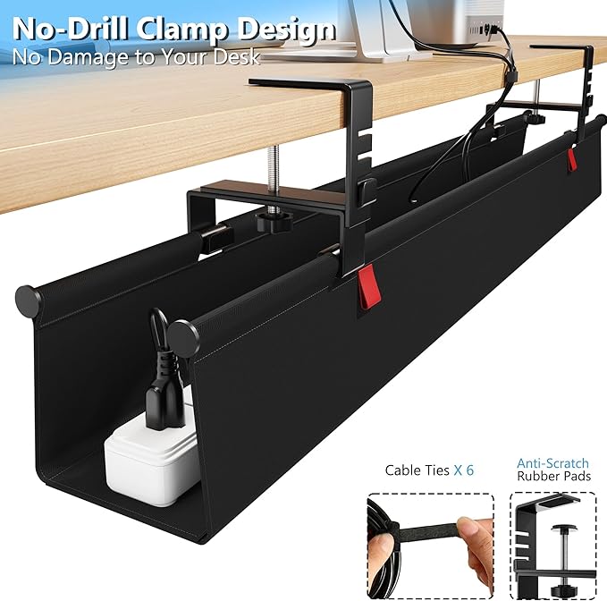 Litwaro Under Desk Cable Management Tray No Drill, 40.6" Cord Organizer with Clamp for Standing Desk, Premium Fabric Cable Tray with Wire Management for Office Home, Black