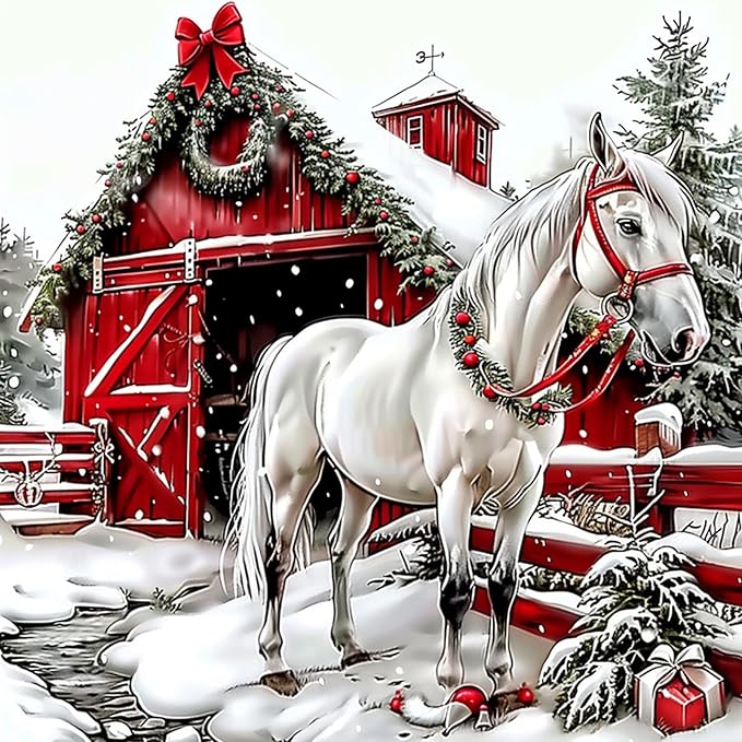 SENQAO Horse Diamond Art Kits for Adult, Christmas House Diamond Painting Kits for Beginners, DIY Full Drill Winter Holdiay Rhinestone Diamond Dots Gem Painting Art Craft Home Decor 12 x12 Inch