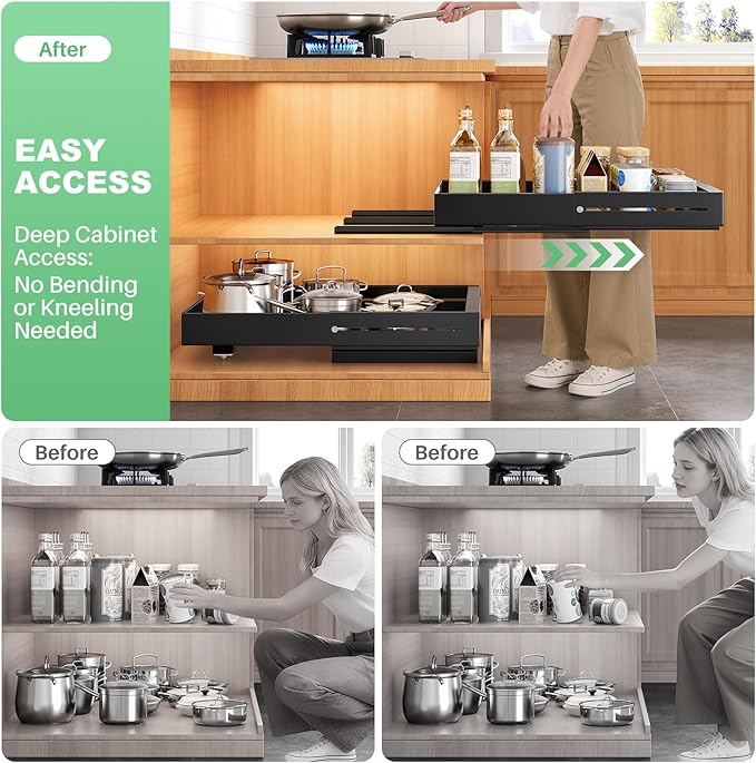 Pull out Cabinet Organizer, Expandable Width(14"-24"), Depth(13"-24") with 3 Rails, Slide Out Drawers With Raising Pad for Framed Cabinets, Fixed with Adhesive Film for Cabinets in Kitchen, Black