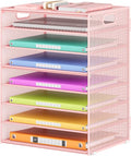 Lavatino 8-Tier Letter Tray Desk Paper Organizer, Mesh File Sorter Tray Organizer for Desk Office Supplies & Home Organization, Fits A4 Paper, Mail, Magazines and Office Accessories (Pink with Handle)