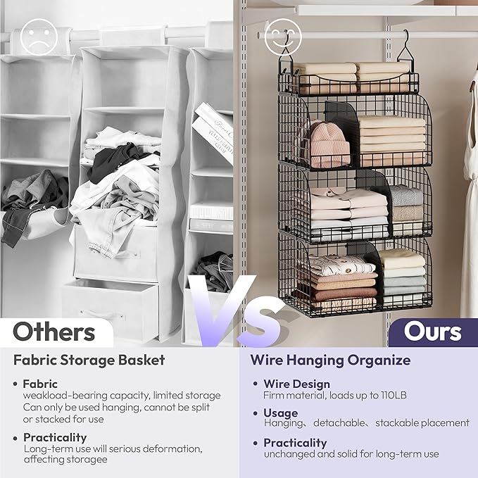 SWTYMIKI Hanging Closet Organizer Storage - 4 Tier Metal Stackable Hanging Closet Shelves with Dividers and S Hooks, Foldable Clothes Shelves for Clothes, Pants, Shoes, Coat, Hats Clutches Accessories