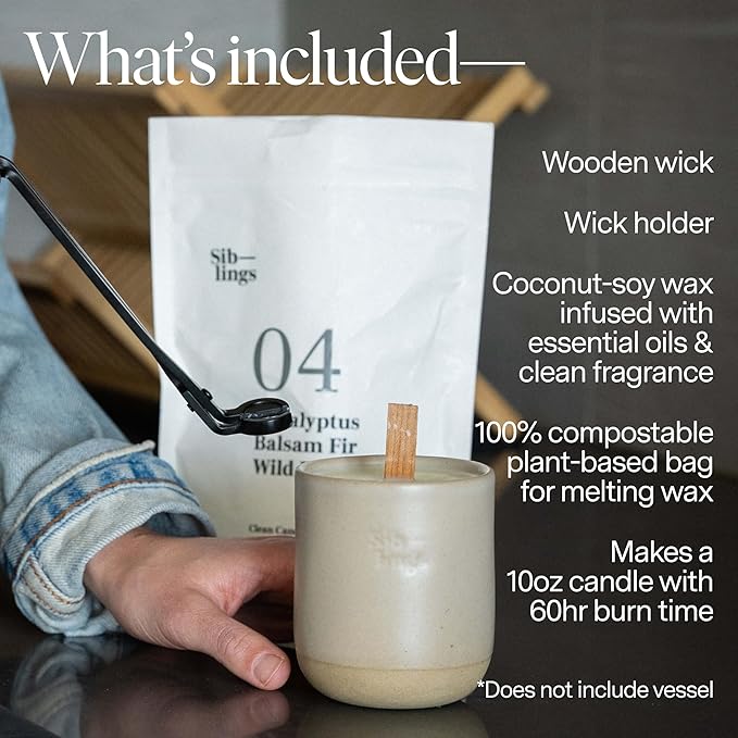 Siblings Candle Refill Kit – DIY Coconut Soy Wax Candle Making Kit for Reusable Vessels – Wooden Wick – Farm Tomatoes Scent – 60 Hour Burn