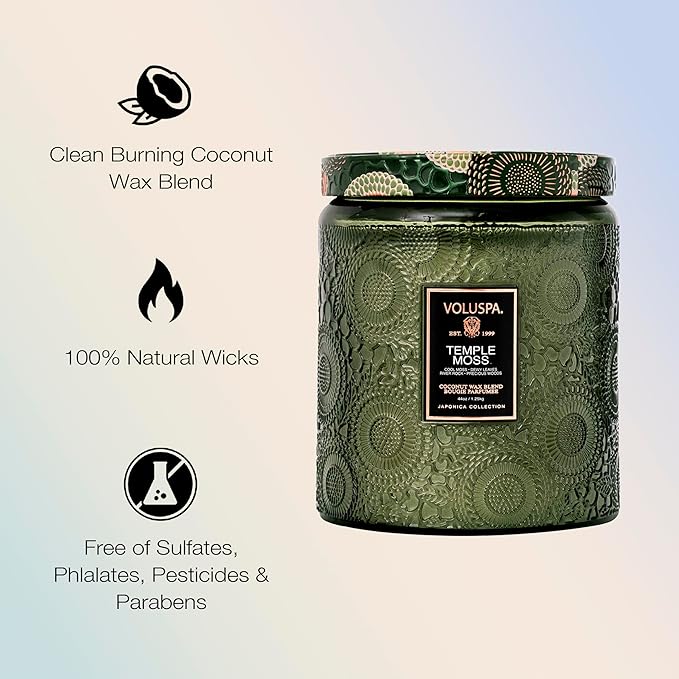 Voluspa Temple Moss, Two Wick Luxe Candle Jar, 44 oz, Coconut Wax Blend, Scented Candles for Home, 140 Hour Burn Time, Handcrafted in the USA