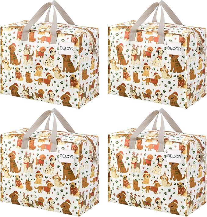 VENO 4 Pack Heavy Duty Moving Bags, Storage Bags, Packing Supplies, Top Zipper, Storage Totes for Camping, Clothes, Bedding, Comforters, Pillows, Christmas Pattern (13 Gallon, Holiday Pups, 4 Pack)