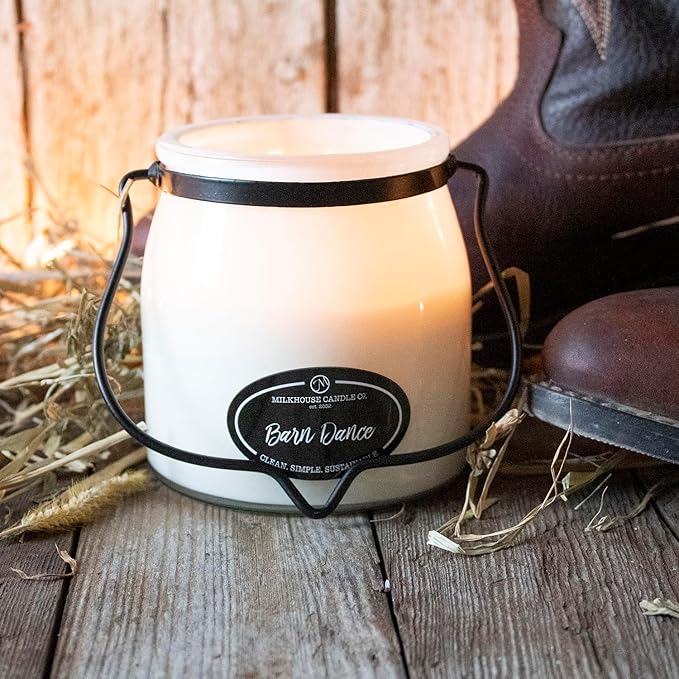 Milkhouse Candle Company Barn Dance Soy Candles - Bergamot | Patchouli Leaves | Sandalwood Scented - 16 oz Butter Jar with Lid, 65+ Hour Burn Time, Made in The USA