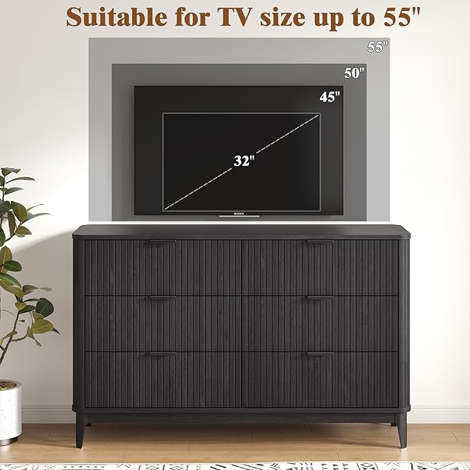 Fluted 6 Drawer Dresser for Bedroom,53'' Wide Large Closet Dresser 6 Chest of Drawers,Wooden Storage Organizer Drawer, Modern TV Stand for Bedroom, Living Room Hallway Black