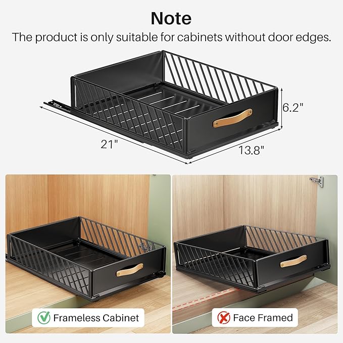 Pull out Cabinet Organizer,Heavy Duty Slide out Pantry Shelves Drawer Storage with Adhesive Nano Film,Sliding Mesh Cabinet Basket with Handle for Kitchen, Bathroom, Home, 13.8"W X 21"D X6.2"H,Black