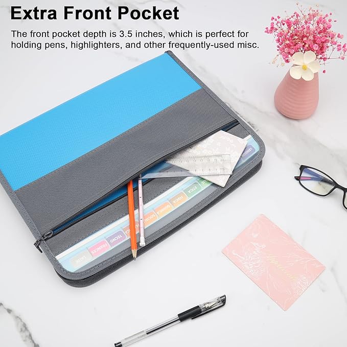 NAFY Expanding File Folders, 2Pack, 13 Pockets, A4 Letter Size, Portable Accordion, Zipper, Multicolor Labels, Office School Supplies, Black+Blue